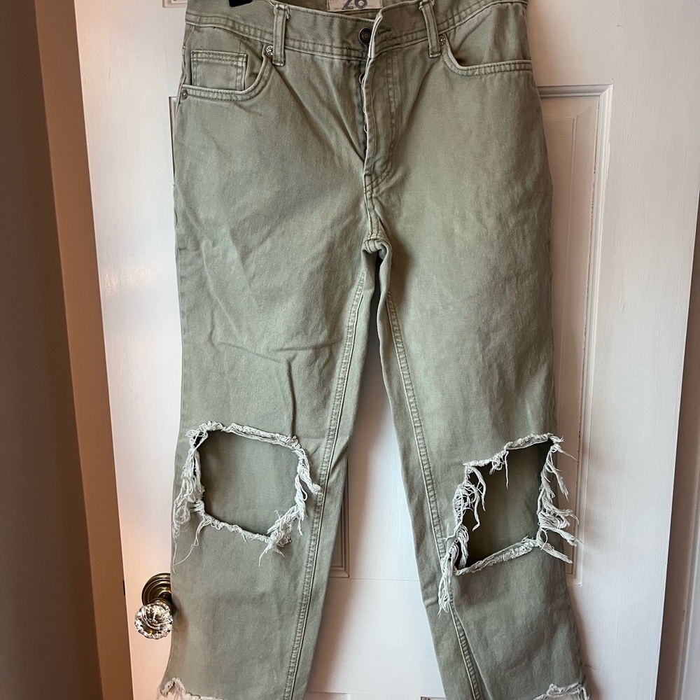 Free People Sage Green Boyfriend Jeans with Distressing and Fraying